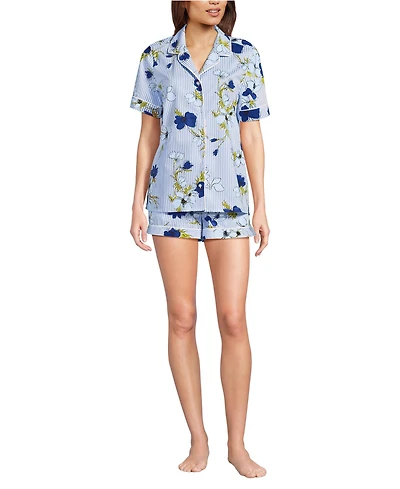 Lands' End Women's Cotton Poplin 2 Piece Pajama Set - Short Sleeve Top and Shorts