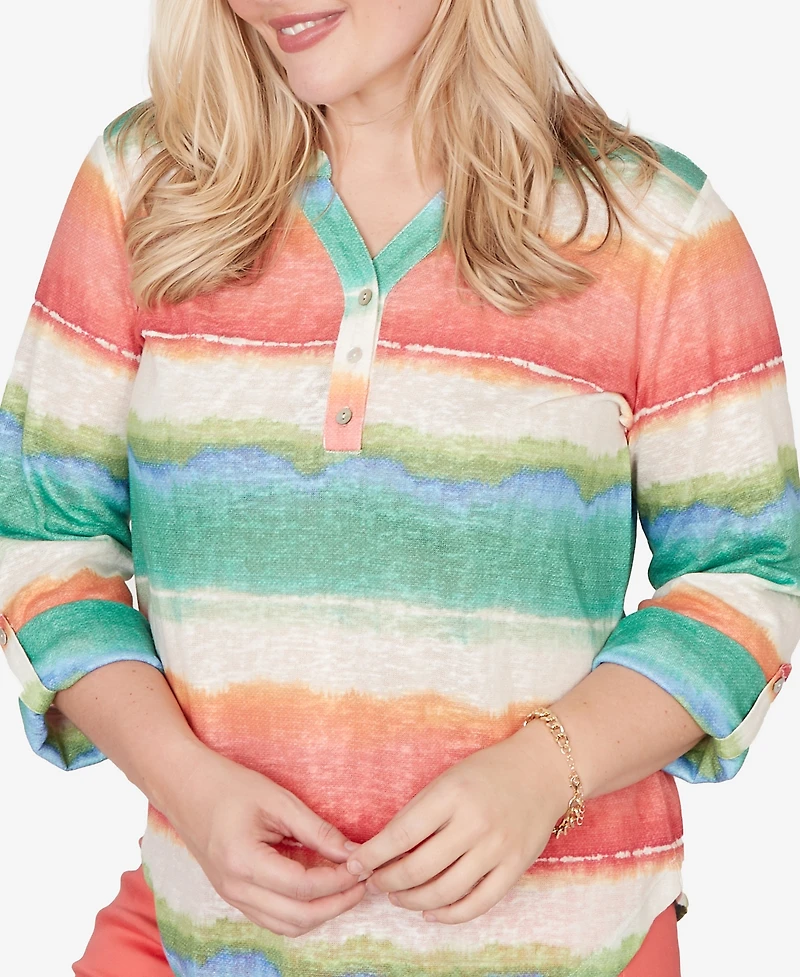 Alfred Dunner Women's Resort Living Biadere Tie Dye Stripe Henley Top