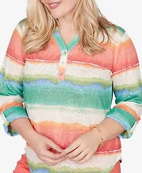 Alfred Dunner Women's Resort Living Biadere Tie Dye Stripe Henley Top