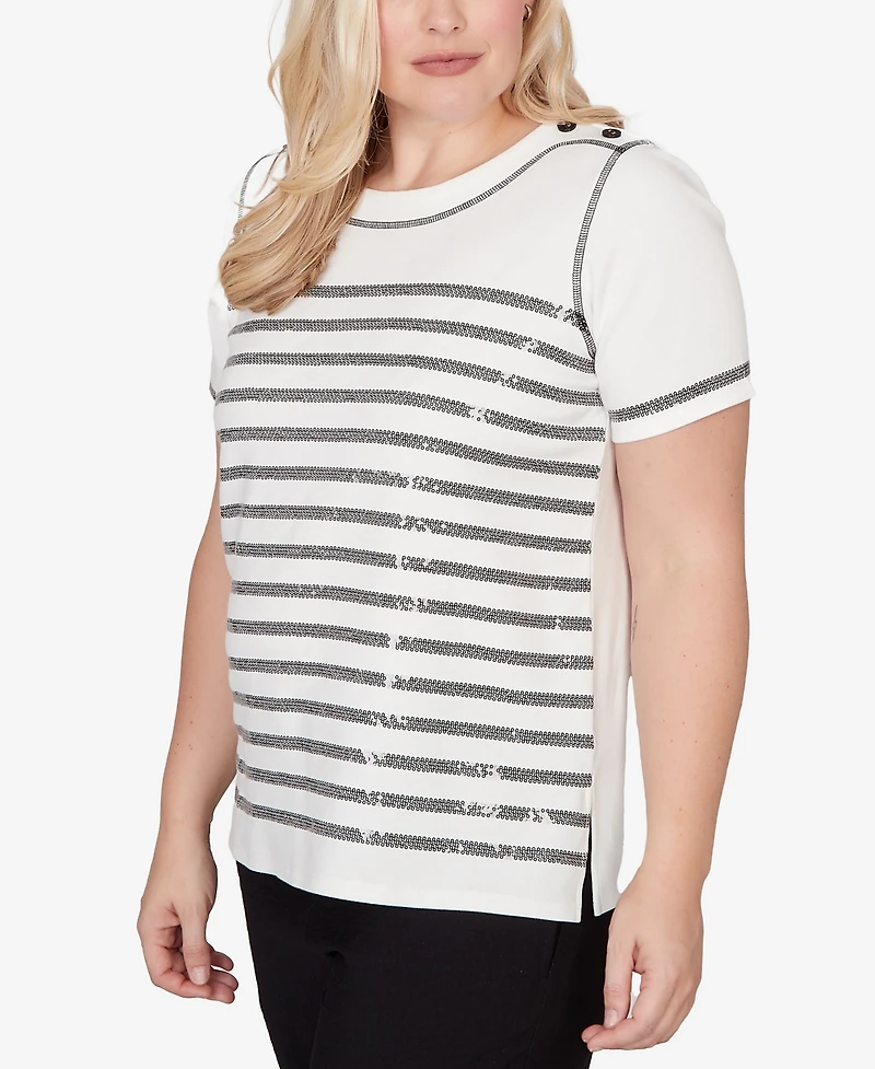 Alfred Dunner Women's Crowd Pleaser Biadere Sequin Stripes Top