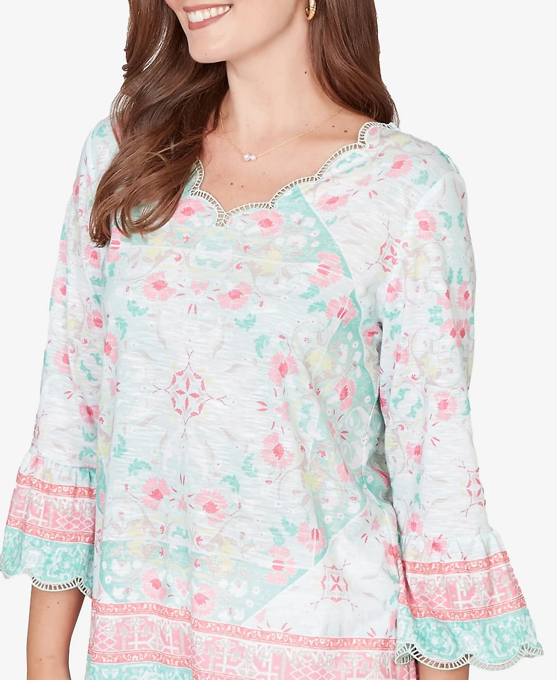 Ruby Rd. Petite Scalloped Neck Tapestry Print Knit Top