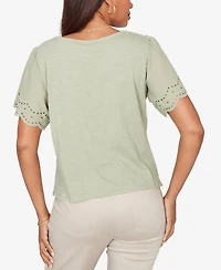 Ruby Rd. Petite Eyelet Poplin Sleeve Slub Knit Top