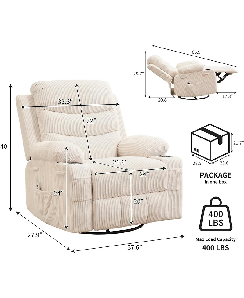gaomon Nursery Recliner Chair, Oversized Corduroy Manual Glider with 360° Swivel, Rocking, Massage & Heat
