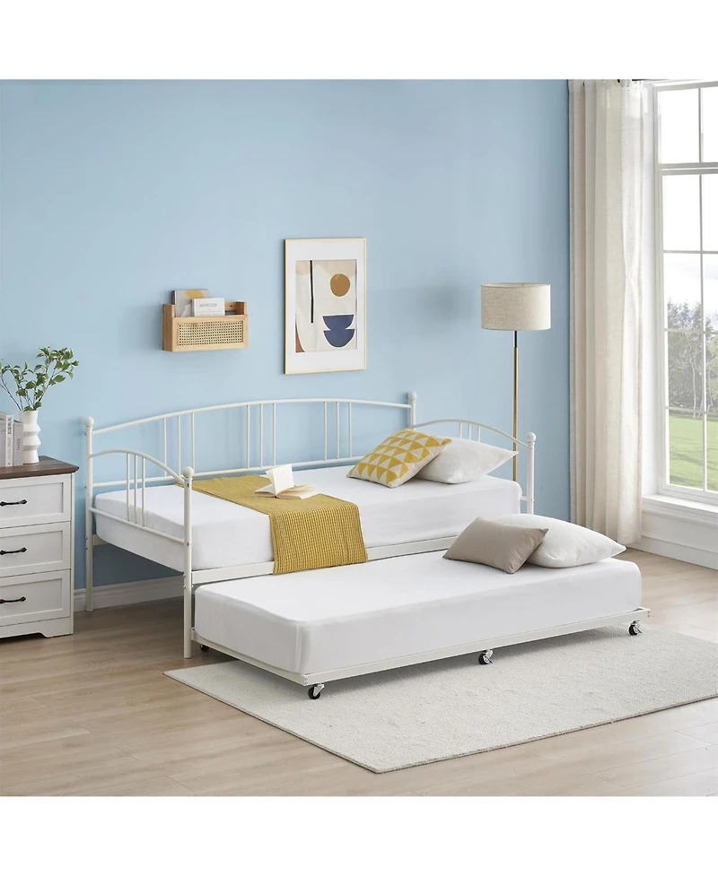 gaomon Twin Daybed with Trundle, Metal Daybed with Pullout Trundle and 6 Casters, Steel Slat Support Sofa Bed for Living Room, Bedroom, Guest Room