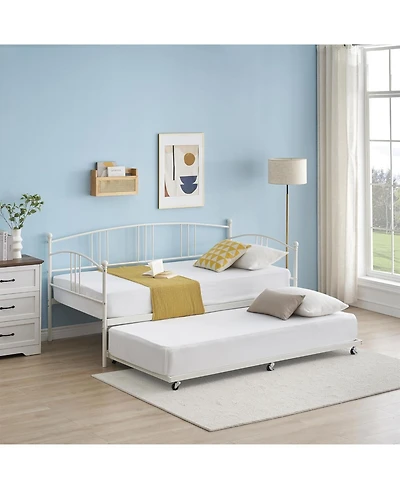 gaomon Twin Daybed with Trundle, Metal Daybed with Pullout Trundle and 6 Casters, Steel Slat Support Sofa Bed for Living Room, Bedroom, Guest Room