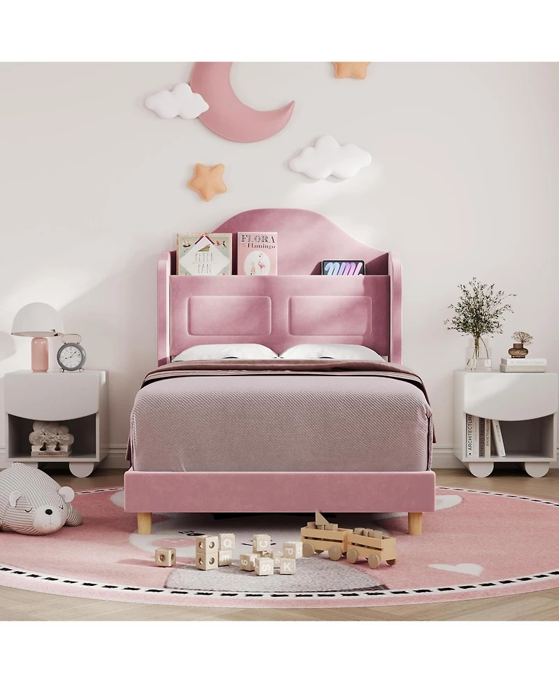 gaomon Kids Twin Bed Frame with Velvet Upholstery, Storage Headboard & Led Lights