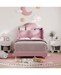 gaomon Kids Twin Bed Frame with Velvet Upholstery, Storage Headboard & Led Lights