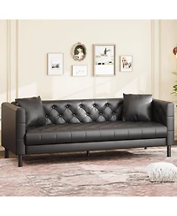 gaomon 81'' Leather Deep Seat Handmade Button Tufted 3 Seater Chesterfield Sofa Couch