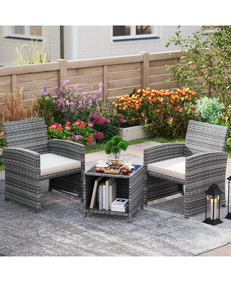 Gymax 3 Pieces Patio Furniture Set Pe Rattan Chairs w/ Storage Coffee Table