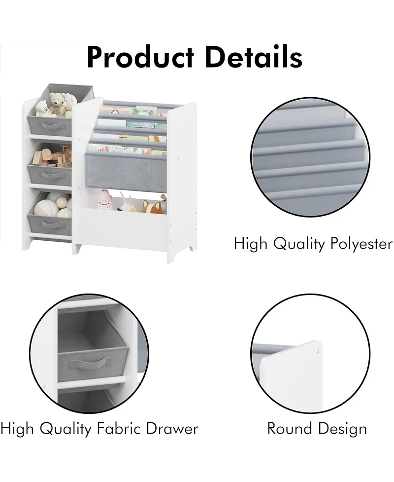 Rainsken Wooden Bookshelf, 4 Tier Kids Book Display Unit with 3 Collapsible Fabric Drawers, Toy Storage Organizer for Playroom and Nursery