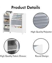 Rainsken Wooden Bookshelf, 4 Tier Kids Book Display Unit with 3 Collapsible Fabric Drawers, Toy Storage Organizer for Playroom and Nursery