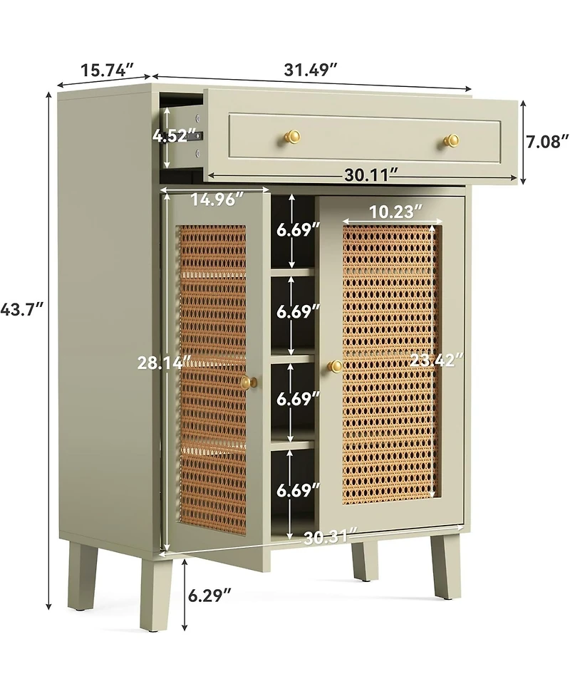 Rainsken Mint Green Shoe Cabinet, 4-Tier Rattan Shoe Rack, Freestanding Shoe Storage Organizer with Adjustable Shelf and Drawer for Entryway, Hallway