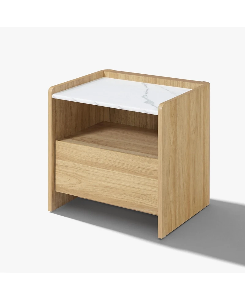 LuxenHome Hazel Oak Nightstand & End Table with Storage, Raised Sides, Faux Marble Top, Durable Manufactured Wood