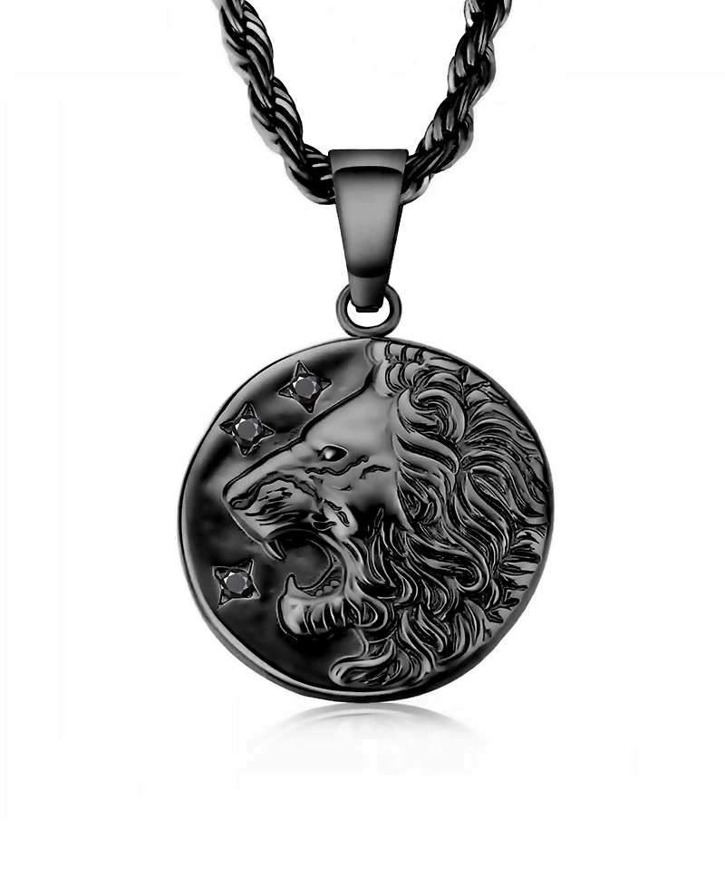 Rhona Sutton Men's Stainless Steel Black Plated Lion Coin Pendant Necklace