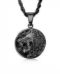Rhona Sutton Men's Stainless Steel Black Plated Lion Coin Pendant Necklace