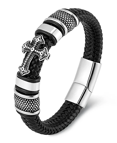 Rhona Sutton Men's Iron Crest Leather Bracelet in Stainless Steel