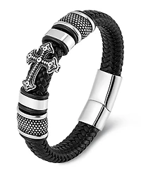 Rhona Sutton Men's Iron Crest Leather Bracelet in Stainless Steel