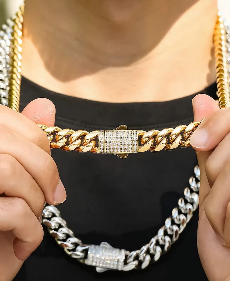 Rhona Sutton Men's Stainless Steel Cuban Iced Chain Necklace in 18k Gold Plated