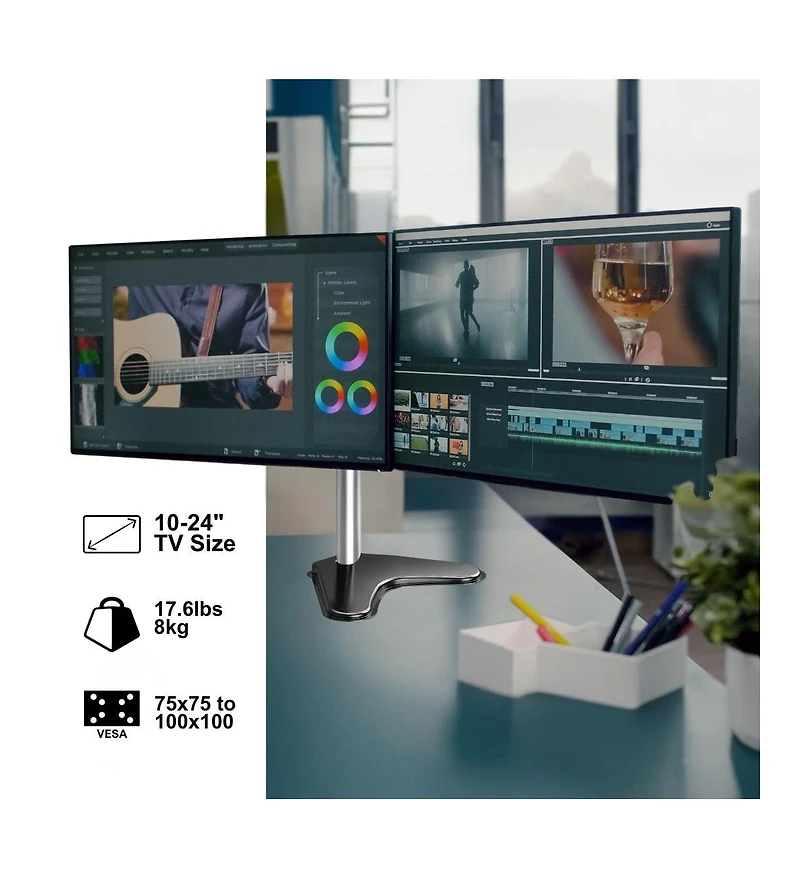 ProMounts Landscape to Portrait Double Monitor Arms for 13" to 32" Screens Holds up to 17.6 lbs