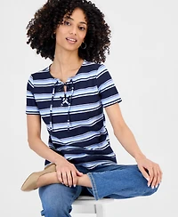 Style & Co Petite Striped Lace-Up Short-Sleeve Top, Macy's Exclusive