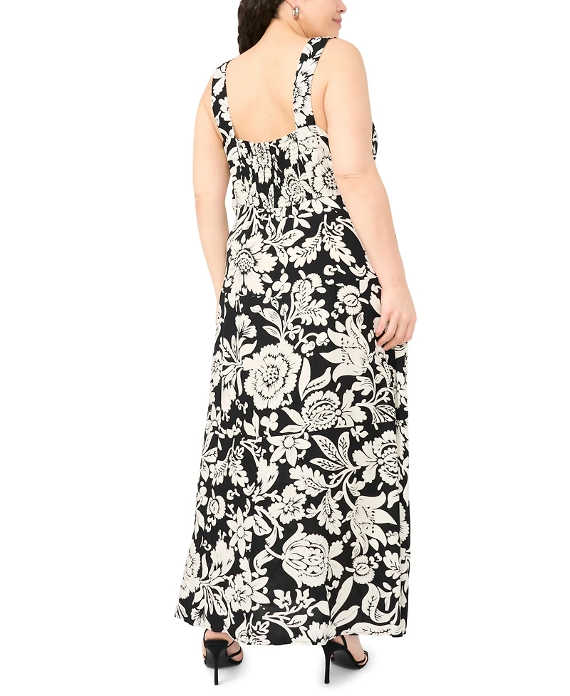 Vince Camuto Plus Printed Square-Neck Smocked-Back Sleeveless Maxi Dress