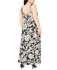 Vince Camuto Plus Printed Square-Neck Smocked-Back Sleeveless Maxi Dress