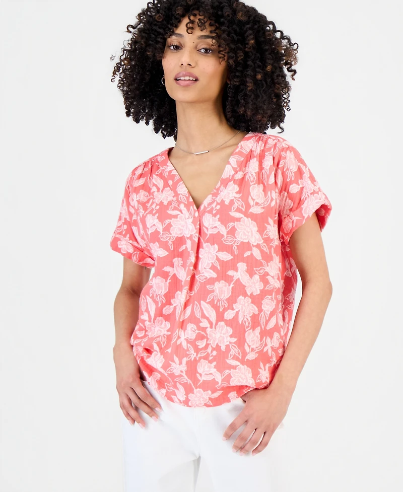 Style & Co Petite Cotton Gauze V-Neck Short-Sleeve Top, Exclusively at Macy's