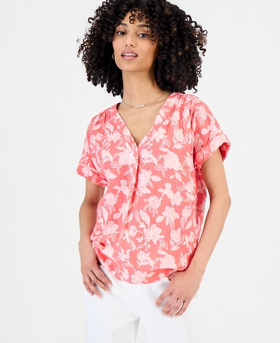 Style & Co Petite Cotton Gauze V-Neck Short-Sleeve Top, Exclusively at Macy's