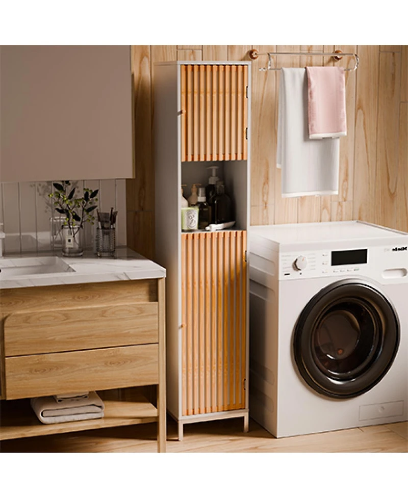 Rainsken Bathroom Tall Storage Cabinet, Freestanding Organizer with Bamboo Slat Doors, Adjustable Shelves, Modern Narrow Floor Cabinet for Bathroom