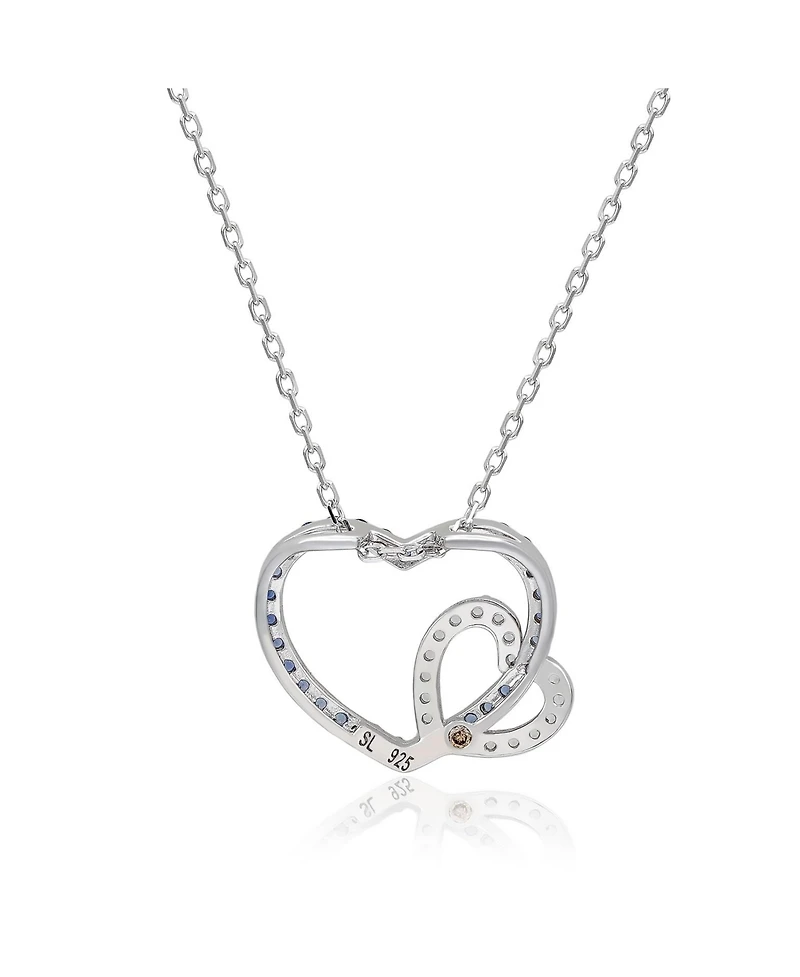 Suzy Levian New York Sterling Silver Sapphire & Created White Double Heart Pendant Necklace