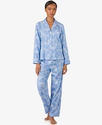 Lauren Ralph Women's Long-Sleeve Notch Collar Top and Pants Pajama Set