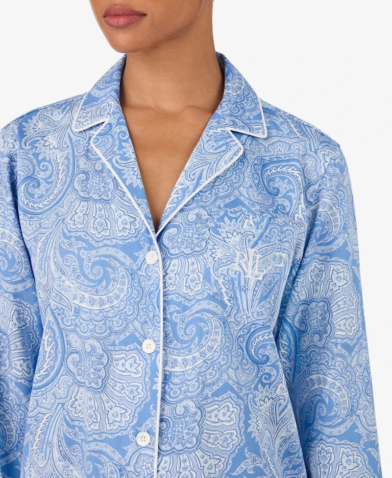 Lauren Ralph Women's Long-Sleeve Notch Collar Top and Pants Pajama Set