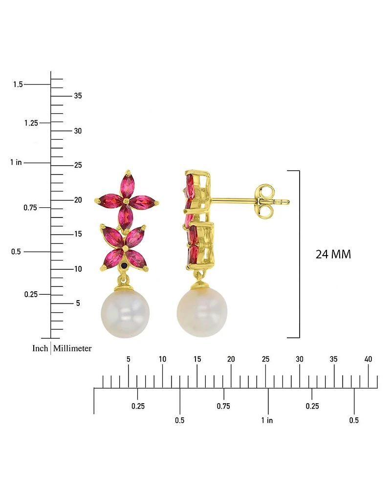 Macy's Garnet & Imitation Pearl Flower Earrings in 14k Yellow Gold Over Sterling Silver