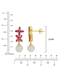 Macy's Garnet & Imitation Pearl Flower Earrings in 14k Yellow Gold Over Sterling Silver
