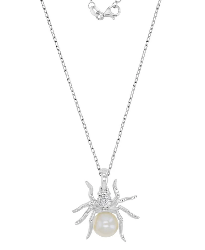 Macy's Diamond Accent & Pearl Spider Necklace in Rhodium Over Sterling Silver