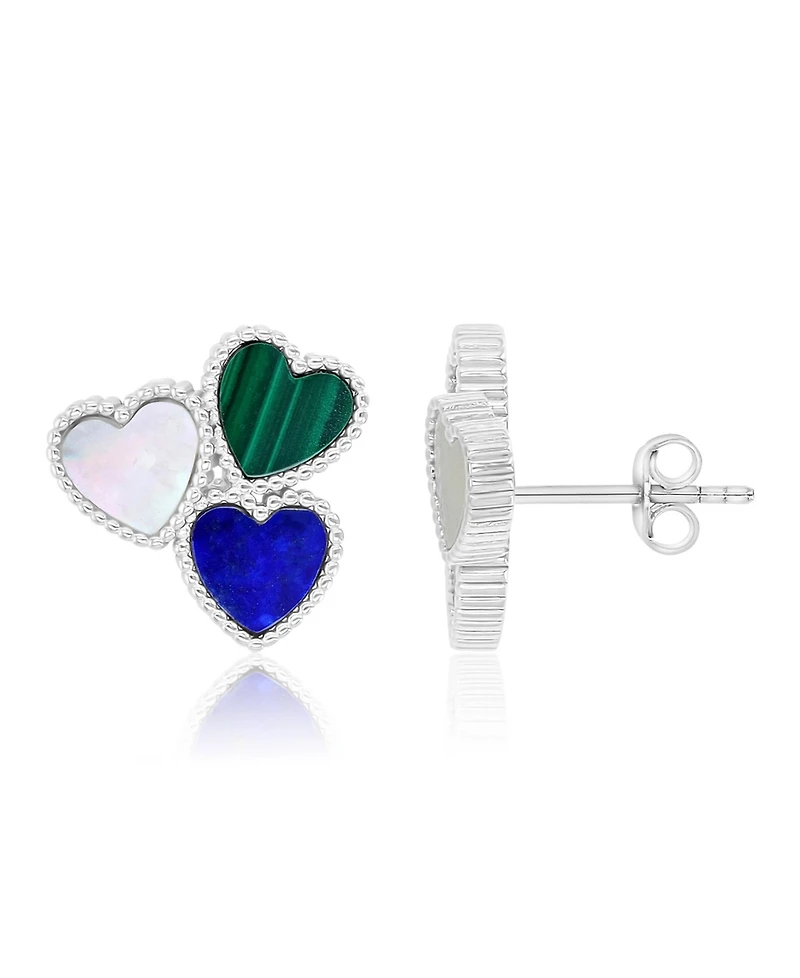 Macy's Mother of Pearl, Malachite and Lapis Tri-Heart Stud Earrings in Rhodium Over Sterling Silver