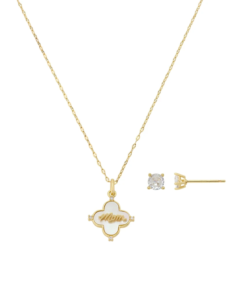 Unwritten Cubic Zirconia and Mother of Pearl Mom Clover Pendant Necklace with Earring Set