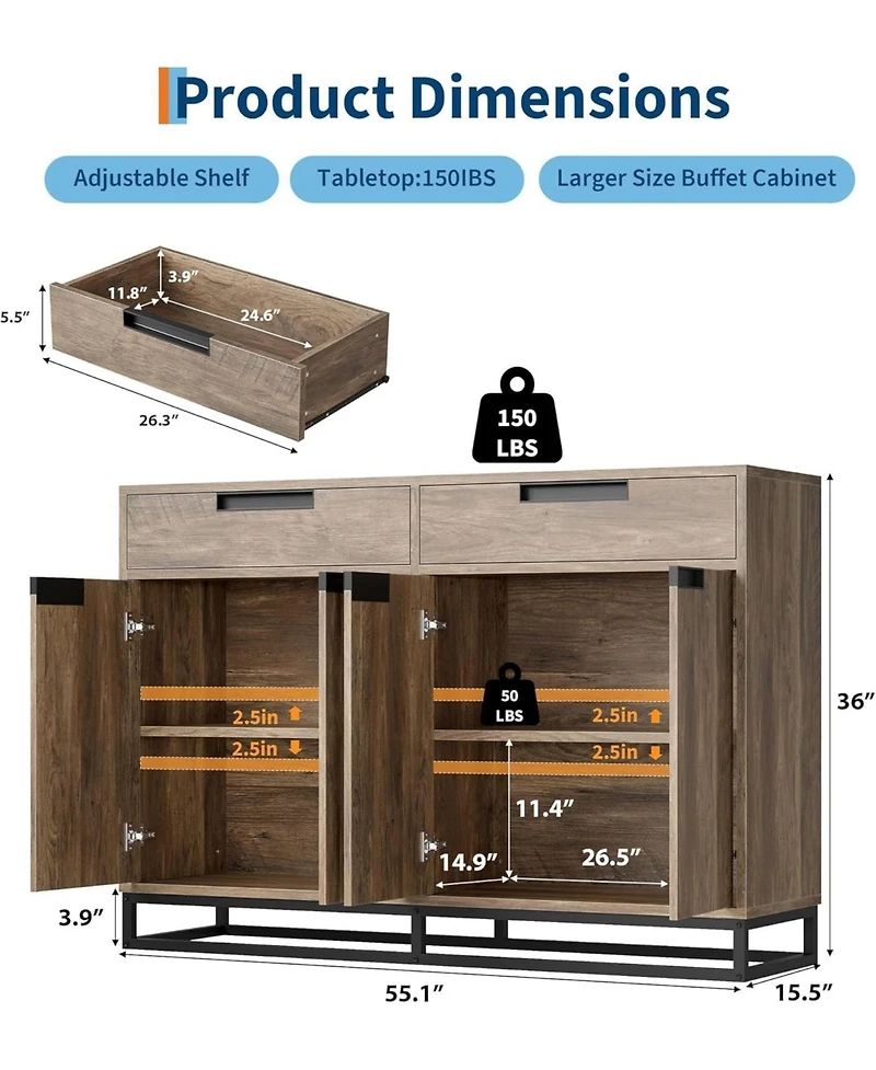 gaomon 55" Modern Buffet Cabinet with Storage, Doors, and Shelves