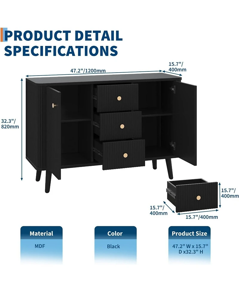 gaomon 47" Modern Fluted Sideboard Buffet Cabinet with 3 Drawers, Slim Kitchen Storage Cabinet, Wood Coffee Bar Station for Dining Room Living Ro