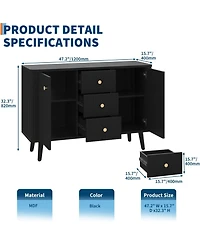 gaomon 47" Modern Fluted Sideboard Buffet Cabinet with 3 Drawers, Slim Kitchen Storage Cabinet, Wood Coffee Bar Station for Dining Room Living Ro