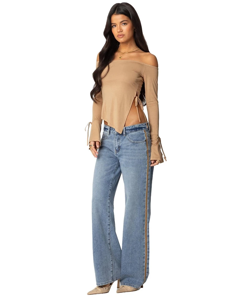 Edikted Women's Faux Suede Stripe Low Rise Straight Leg Jeans