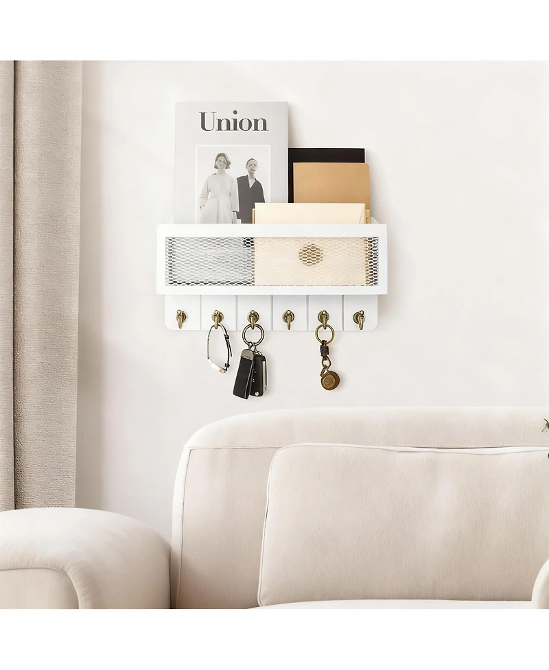 Yigii Rustic Key & Mail Holder with 6 Hooks - Sturdy Wood Steel, Space-Saving, Easy Install