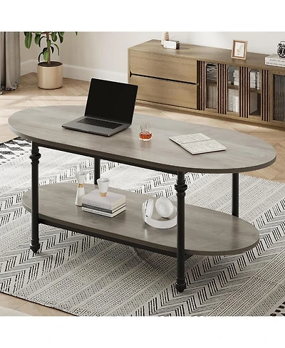 gaomon Farmhouse Oval Coffee Table, 2 Tier Center Table with Open Storage, Modern Industrial Tea Table
