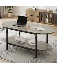 gaomon Farmhouse Oval Coffee Table, 2 Tier Center Table with Open Storage, Modern Industrial Tea Table
