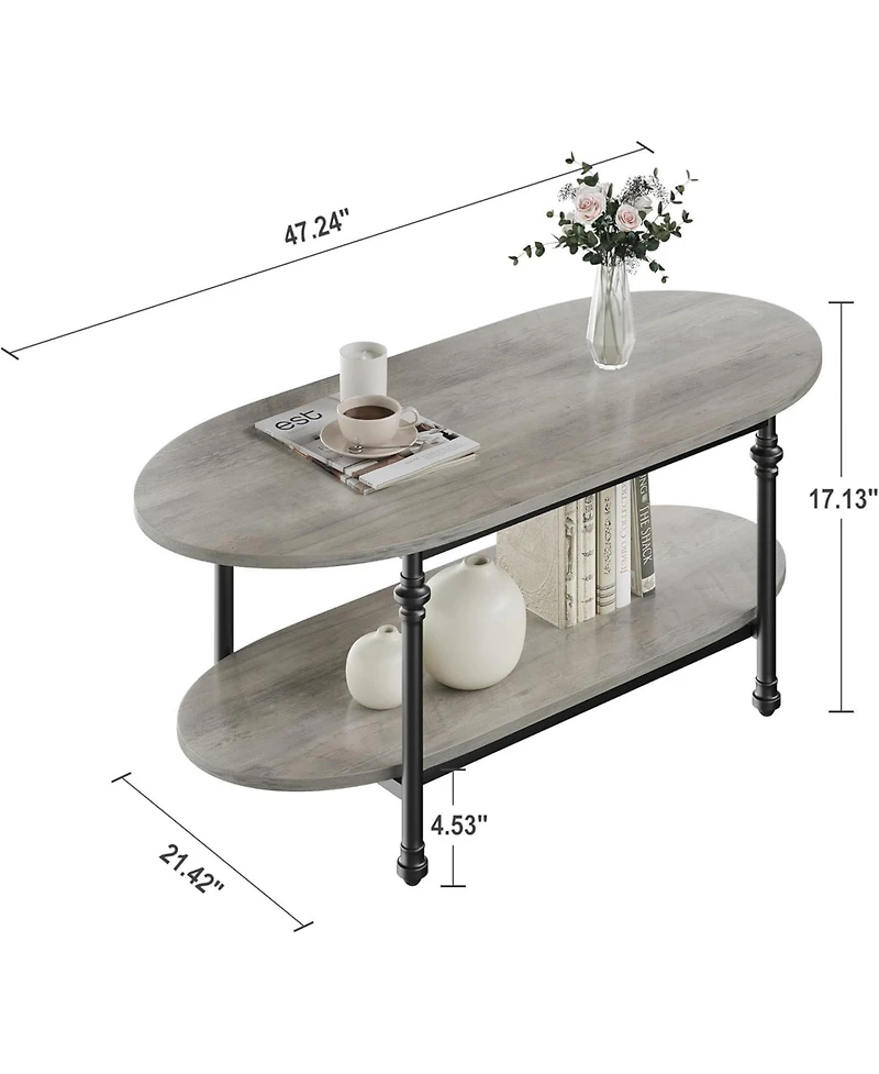 gaomon Farmhouse Oval Coffee Table, 2 Tier Center Table with Open Storage, Modern Industrial Tea Table