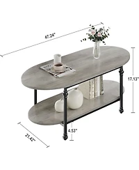 gaomon Farmhouse Oval Coffee Table, 2 Tier Center Table with Open Storage, Modern Industrial Tea Table