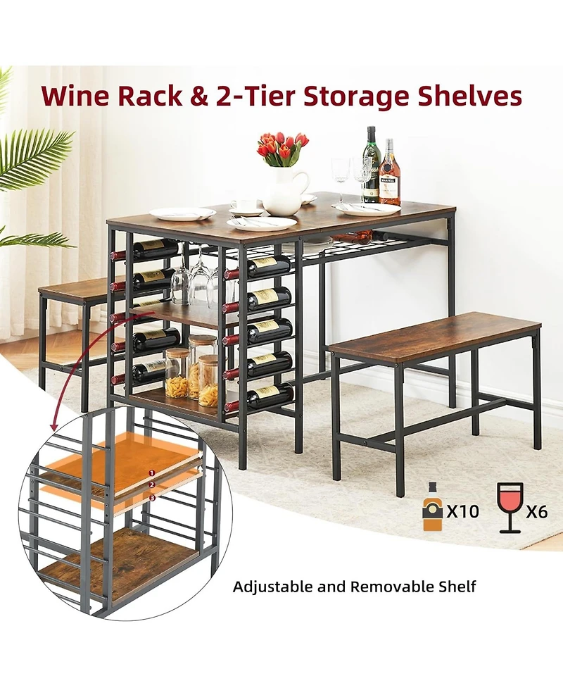 gaomon 4-Piece Dining Table Set with 2 Benches, Wine Rack & Storage Shelf, Kitchen Dining Room Table for Small Spaces