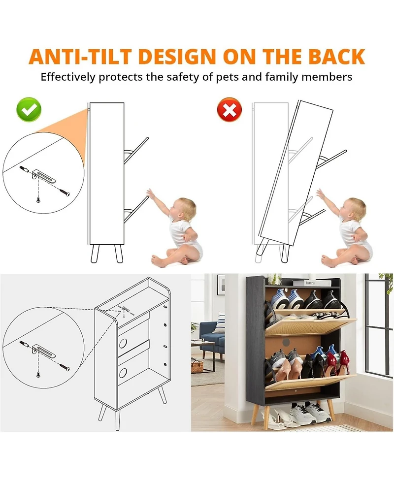 gaomon Slim Rattan 2 Drawer Anti Tip Hidden Shoe Storage Cabinet