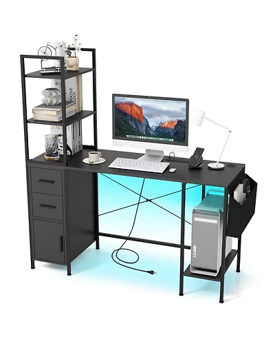 Mecale Computer Desk with Led Lights and Power Outlets, Open Shelves Home Office Desk