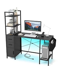 Mecale Computer Desk with Led Lights and Power Outlets, Open Shelves Home Office Desk
